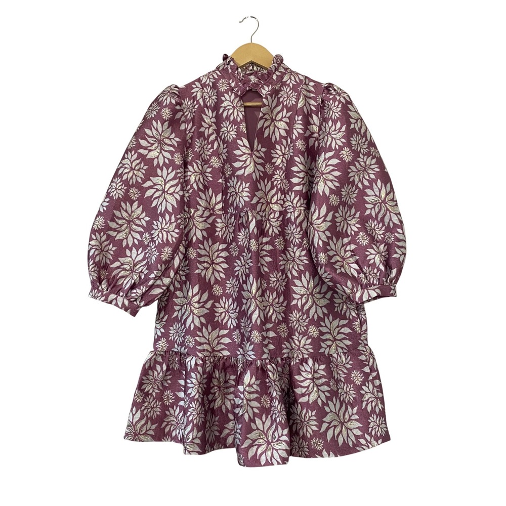 &merci Mauve Metallic Floral Jacquard Puff Sleeve Ruffle Mini Dress Sz M Pockets